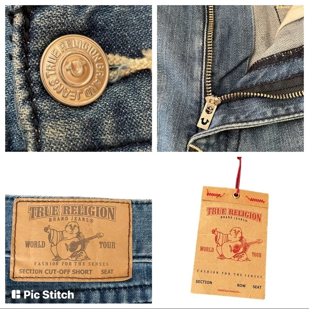 True Religion Men's Cut-Off Jean Shorts w/ Flaps & Rips in Moving Indigo size 38